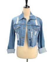 Distressed Cropped Denim Jacket Medium Wash Small