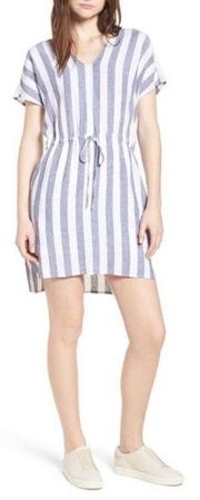 Rails Wren Vertical Stripe Dress L Blue White Mini Summer Linen Blend Sporty