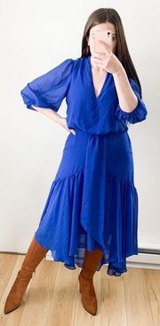 Taylor Royal Blue Azure Chiffon V neck High Low Midi Dress Medium