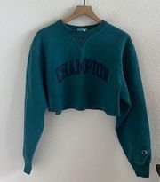 Champion  Reverse Weave Cropped Graphic Spellout Crewneck Sweatshirt Teal Small