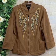 Bob Mackie Smart Denim Embroidered Tassel Jacket Art Wear Brown Tan Size Small