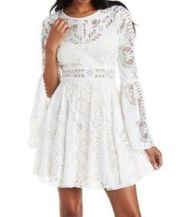 ARK & CO Burnout Lace Skater Dress White Blush Underlay Long Bell Sleeve Mini S