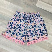 Simply Southern Tassel Hem Starfish Print Elastic Waist Shorts Blue Pink S/M