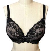 H&M Black Lace Bra Padded Push Up Memory Foam Mesh size 36D