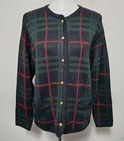 Vintage Liz Baker Black & Red Tartan Plaid Cardigan Size MP