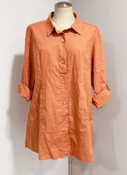 SIMPLY NOELLE Women's Orange Linen Blend Roll Tab Sleeve Tunic Shirt Size L/XL