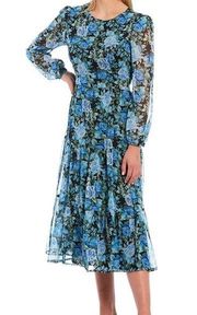 WAYF Dress Blue Floral Print Long Blouson Sleeve Open Back Tiered Midi Sz L NWT