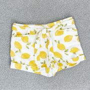 Loft Tie Waist Linen Blend Lemons Print Chino Shorts Ivory Yellow 6 Cuffed