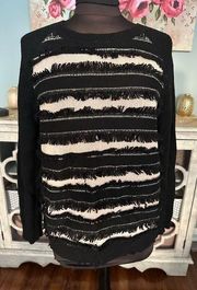 HAUTE HIPPIE black tan fringe stripe wool sweater