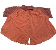 Free People Shirt Womens Medium Orange Short SleeveCollared Loose Oversize Top