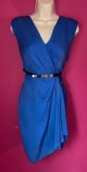 Michael Kors Blue Faux Wrap Ruched Dress V-Neck Belted Knee Length Women Size 8