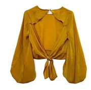 The Sang Gold Open Tie Back Blouson Sleeve Silky Top Size Medium