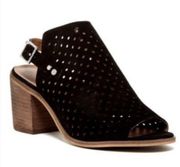 Black Leather Suede Heels Open Toe Shoe Perforated