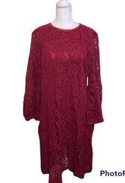 Isaac Mizrahi LIVE! Burgundy Macrame Lace Sheath Dress Bell Sleeves Size 6