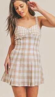 &Merci Taupe Gingham Woven Bustier Cutout Back Cottagecore Mini Dress Size M