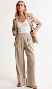 Large Linen Ultra Wide Leg Pants Beige Tan Sand Elastic