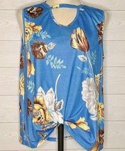 Blue floral knotted sleeveless knotted twist tunic with keyhole neckline Size XL