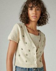 NWT Lucky Brand Beaded Cropped Cardigan Short Sleeved Tan Fuzzy Button Front S