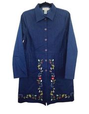 Vintage Mia Nola Womens M Dark Blue Floral Embroidered Shirt Dress With Pockets