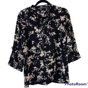 Karl Lagerfeld Black & Floral Tie Front Pearl Trimmed Sleeves