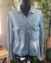 The Great Blue Cotton Chambray Denim Distressed Snap Up Pop Over Shacket - S