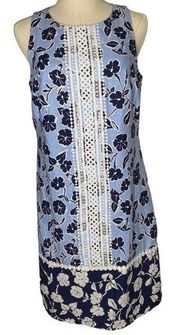 Eliza J Linen Floral Dress Sleeveless Blue Lace Trim Shift Minidress size 6