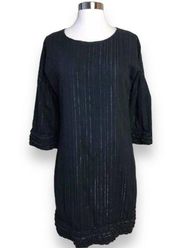 VERTIGO PARIS Black Dress Metallic Pinstripes 3/4 Sleeve Ruffle Round Neck Small