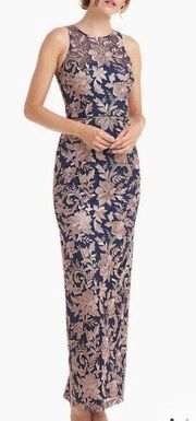 JS COLLECTIONS (NWT) Navy Latte Floral Embroidered Halter Dress Formal Gown sz8