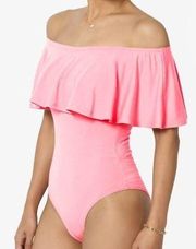 NWT ZENANA Bright Pink Ruffle Off The Shoulder Bodysuit Sz M