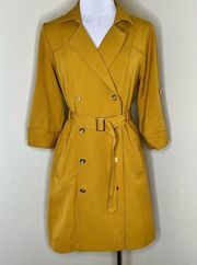 Sharagano Coat Dress w Pockets 10 Mustard Yellow A-Line Double Breasted Belted