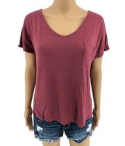 Pink Rose SMALL Magenta Red Pocket Tee Shirt Short Sleeve V Neck with Curved Hem