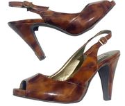Tortoise brown patent leather peep toe slingback heels shoes 8.5