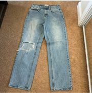 High Rise Straight Leg Jeans With Distressed Knee