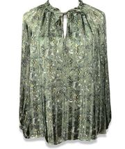 MELLÓDAY OLIVE GREEN & GOLD METALLIC FLECK FLORAL PLEATED PEASANT BLOUSE