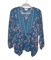 Style & Co Womens Blue Long Sleeve Paisley Print Peasant Oversized Blouse Small