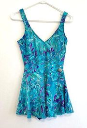 VINTAGE VTG MAXINE OF HOLLYWOOD Teal Blue Floral One Piece Swim Dress / Swimsuit