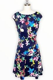 Chaps Black Floral Fit & Flare Scuba Dress 6 Small