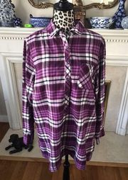 LANDS END 1X Purple WHITE PLAID BUTTON-UP TOP shirt FLANNEL 16W-18W 1X Cotton GB