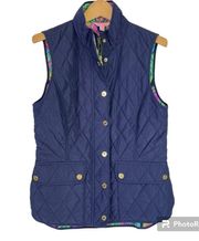 Lilly Pulitzer Blue Quilted Vest Gold Hardware Tropical Lining Small Puffer