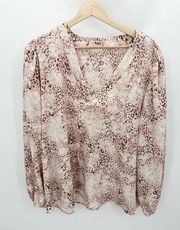 Ophelia Roe Top Women 1X Pink Cream Cheetah Print V-Neck Long Sleeve Blouse