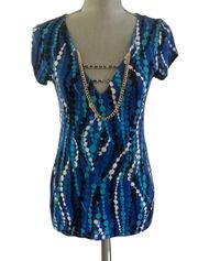 blue top modern blue multi print with chain front detailing short sleeve