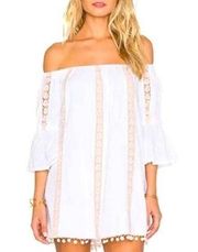 Tularosa Sara Lace Off Shoulder Eyelet Pom Pom Boho White Dress Size Small NWT