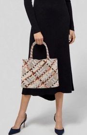 Salvatore Ferragamo woven plaid fabric leather grosgrain ribbon tote handbag