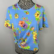 Baby Blue Short Sleeve Floral Knotted Crop Top Size Large NWT