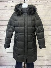 TALBOTS Long Down Puffer Coat Women’s Small Fur Lined Removable Hood Black