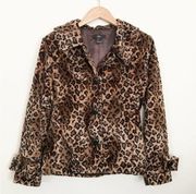 Luii Faux Fur Leopard animal print cozy  peplum jacket coat Brown Black S