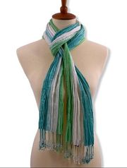 Gap crinkle scarf blue green white fringe beads