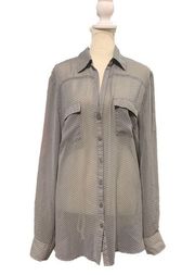 New York & Company Gray Polka Dot Button Front Long Sleeve Polyester Blouse