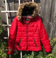 Celebrity Pink Red Puffer Jacket with Fur Hood L Juniors