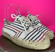 Soludos Cream Canvas Red Blue Stripe Lace Up Espadrille Shoe Sz 37